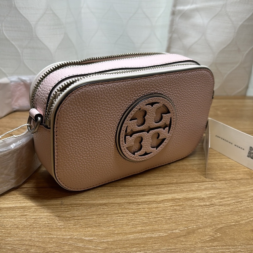 AUTH NWT Tory Burch Mini Miller Logo Smooth Leather CrossBody Bag-Pink Plie~NEW - Picture 6 of 7